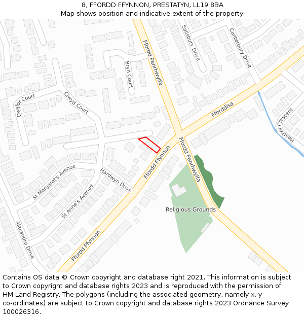 8, FFORDD FFYNNON, PRESTATYN, LL19 8BA: Location map and indicative extent of plot