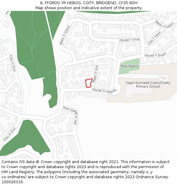 8, FFORDD YR HEBOG, COITY, BRIDGEND, CF35 6DH: Location map and indicative extent of plot