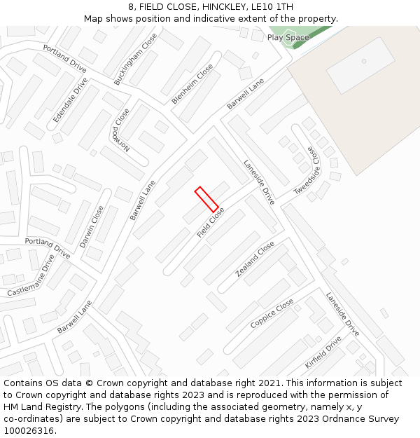 8, FIELD CLOSE, HINCKLEY, LE10 1TH: Location map and indicative extent of plot