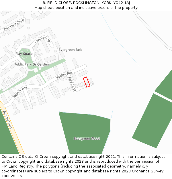 8, FIELD CLOSE, POCKLINGTON, YORK, YO42 1AJ: Location map and indicative extent of plot