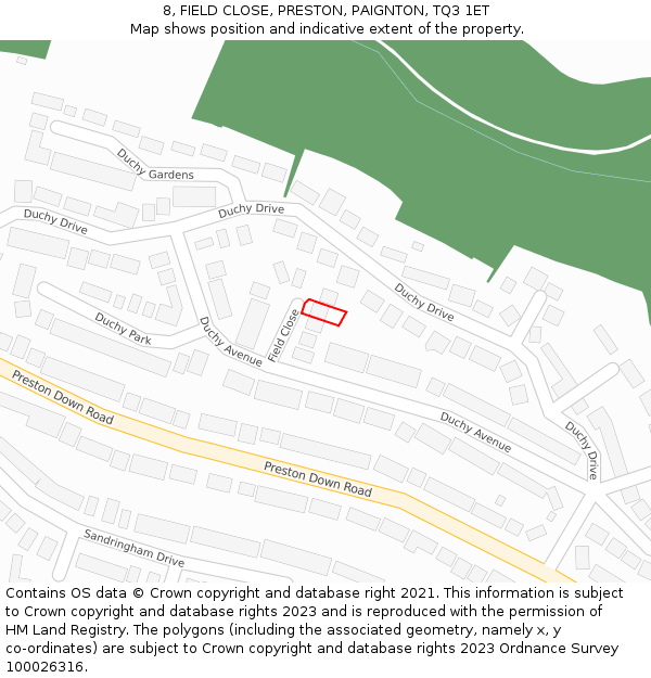 8, FIELD CLOSE, PRESTON, PAIGNTON, TQ3 1ET: Location map and indicative extent of plot