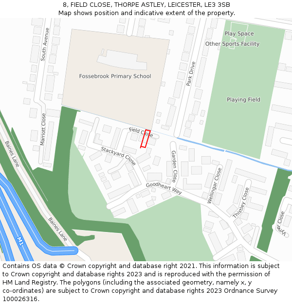 8, FIELD CLOSE, THORPE ASTLEY, LEICESTER, LE3 3SB: Location map and indicative extent of plot