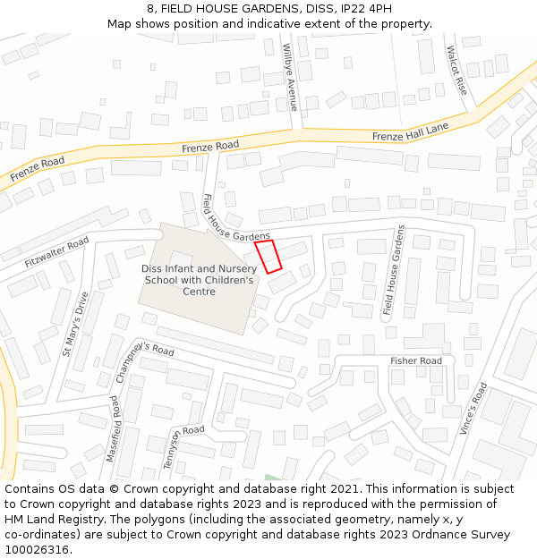 8, FIELD HOUSE GARDENS, DISS, IP22 4PH: Location map and indicative extent of plot