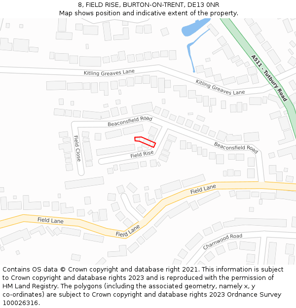 8, FIELD RISE, BURTON-ON-TRENT, DE13 0NR: Location map and indicative extent of plot