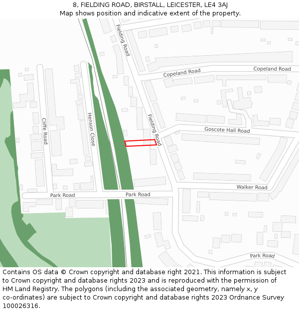 8, FIELDING ROAD, BIRSTALL, LEICESTER, LE4 3AJ: Location map and indicative extent of plot