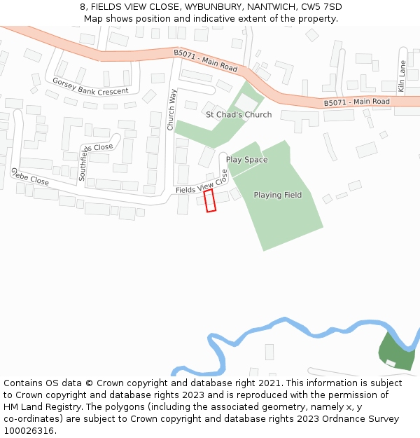 8, FIELDS VIEW CLOSE, WYBUNBURY, NANTWICH, CW5 7SD: Location map and indicative extent of plot