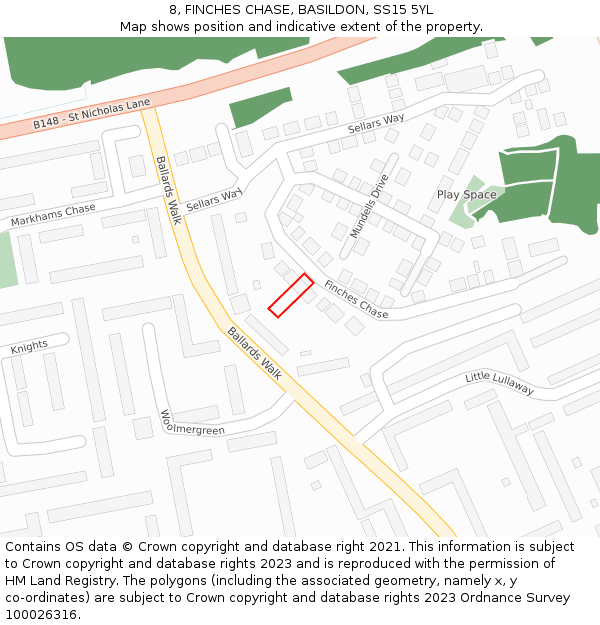 8, FINCHES CHASE, BASILDON, SS15 5YL: Location map and indicative extent of plot