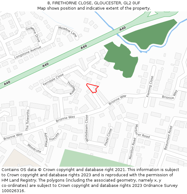 8, FIRETHORNE CLOSE, GLOUCESTER, GL2 0UF: Location map and indicative extent of plot