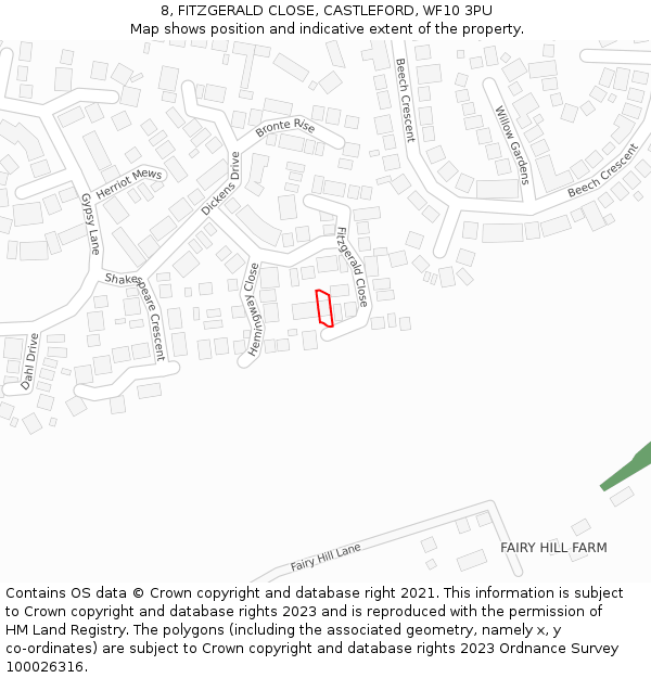 8, FITZGERALD CLOSE, CASTLEFORD, WF10 3PU: Location map and indicative extent of plot