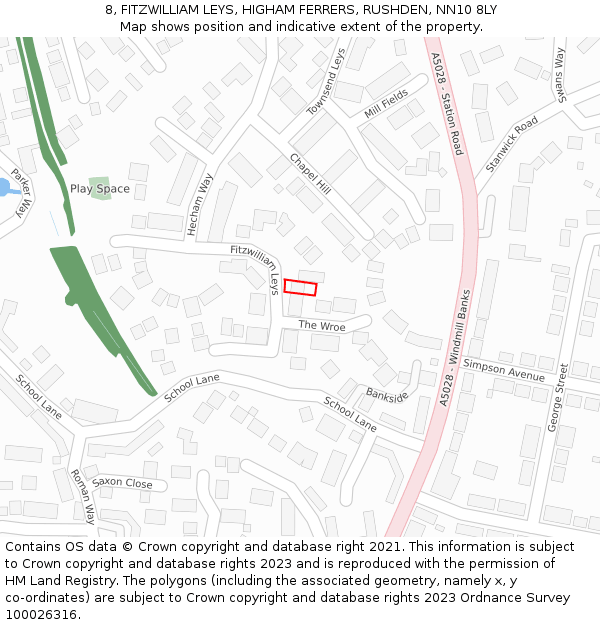 8, FITZWILLIAM LEYS, HIGHAM FERRERS, RUSHDEN, NN10 8LY: Location map and indicative extent of plot