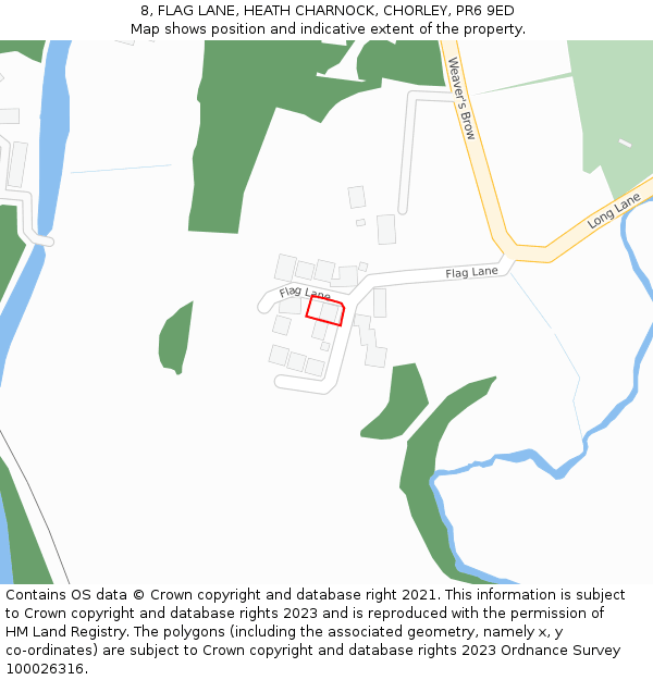 8, FLAG LANE, HEATH CHARNOCK, CHORLEY, PR6 9ED: Location map and indicative extent of plot