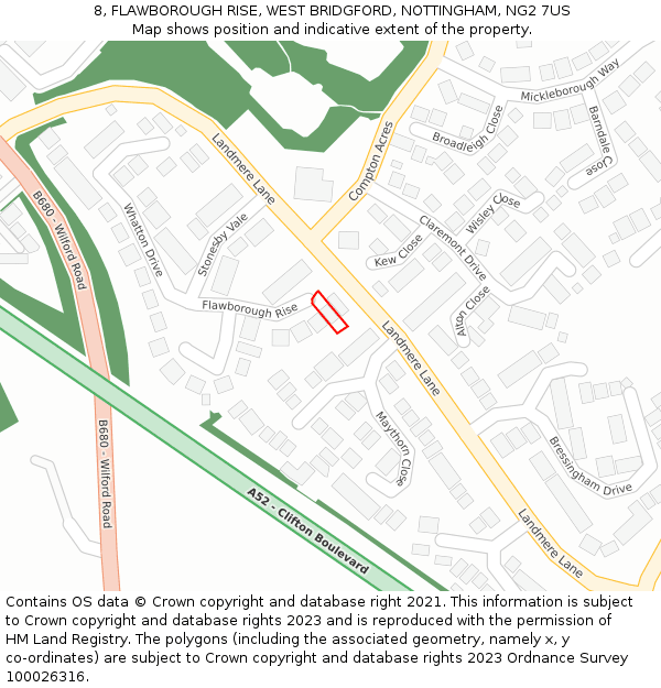 8, FLAWBOROUGH RISE, WEST BRIDGFORD, NOTTINGHAM, NG2 7US: Location map and indicative extent of plot