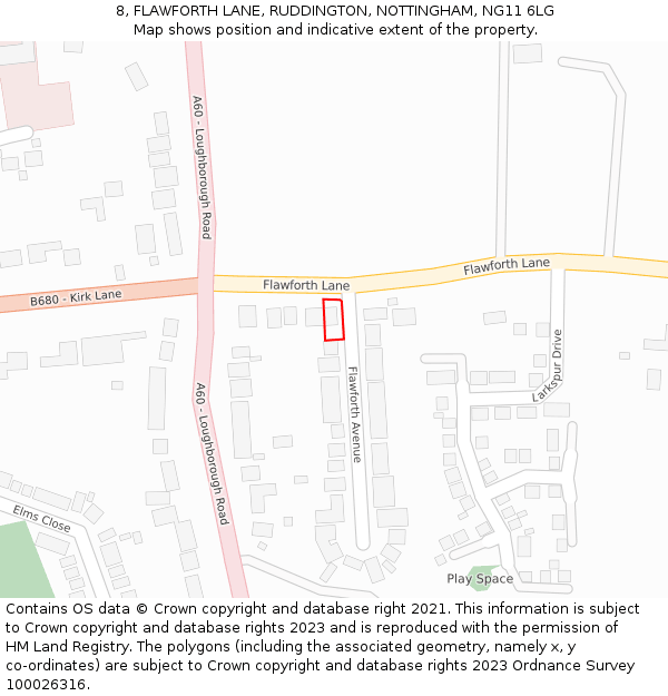 8, FLAWFORTH LANE, RUDDINGTON, NOTTINGHAM, NG11 6LG: Location map and indicative extent of plot