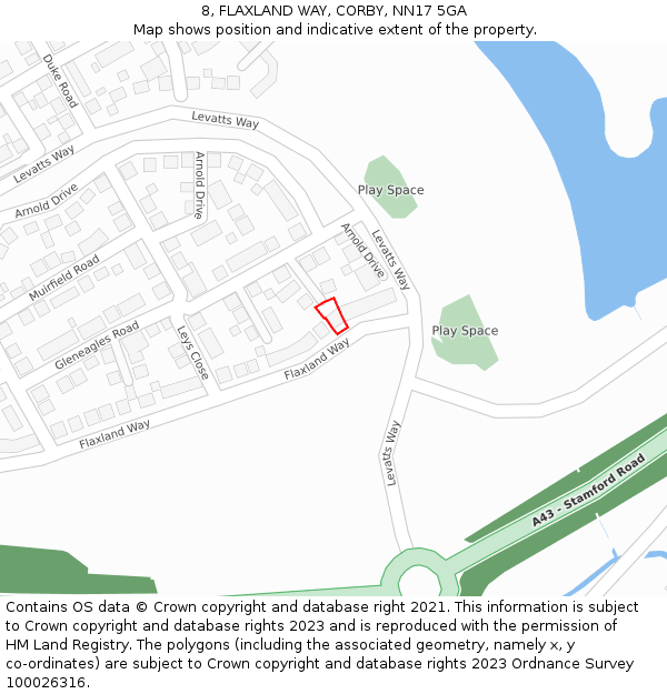 8, FLAXLAND WAY, CORBY, NN17 5GA: Location map and indicative extent of plot