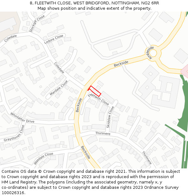 8, FLEETWITH CLOSE, WEST BRIDGFORD, NOTTINGHAM, NG2 6RR: Location map and indicative extent of plot