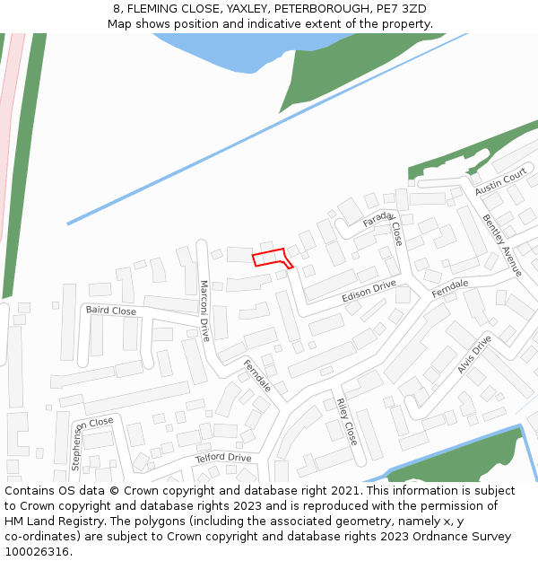 8, FLEMING CLOSE, YAXLEY, PETERBOROUGH, PE7 3ZD: Location map and indicative extent of plot