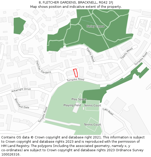 8, FLETCHER GARDENS, BRACKNELL, RG42 1FJ: Location map and indicative extent of plot