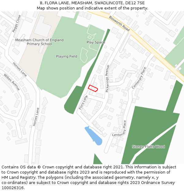 8, FLORA LANE, MEASHAM, SWADLINCOTE, DE12 7SE: Location map and indicative extent of plot