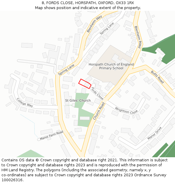 8, FORDS CLOSE, HORSPATH, OXFORD, OX33 1RX: Location map and indicative extent of plot