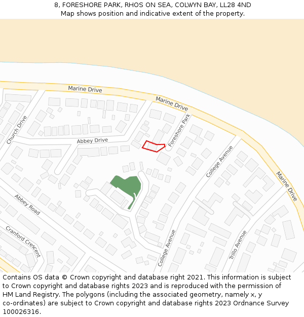 8, FORESHORE PARK, RHOS ON SEA, COLWYN BAY, LL28 4ND: Location map and indicative extent of plot