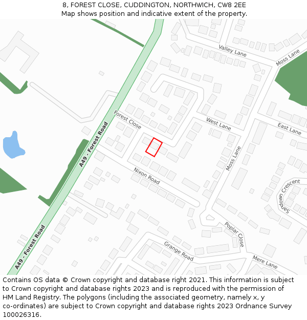 8, FOREST CLOSE, CUDDINGTON, NORTHWICH, CW8 2EE: Location map and indicative extent of plot