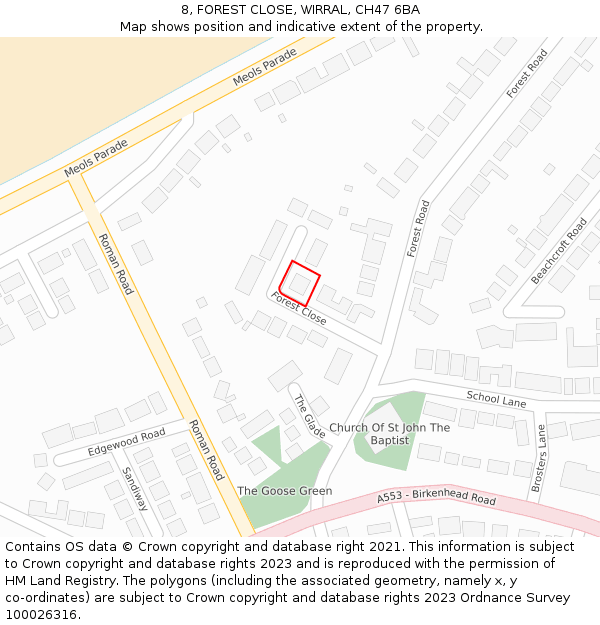 8, FOREST CLOSE, WIRRAL, CH47 6BA: Location map and indicative extent of plot