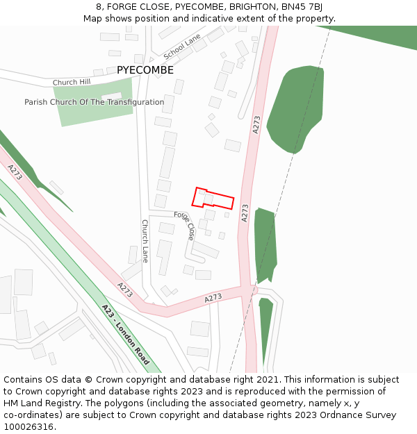 8, FORGE CLOSE, PYECOMBE, BRIGHTON, BN45 7BJ: Location map and indicative extent of plot