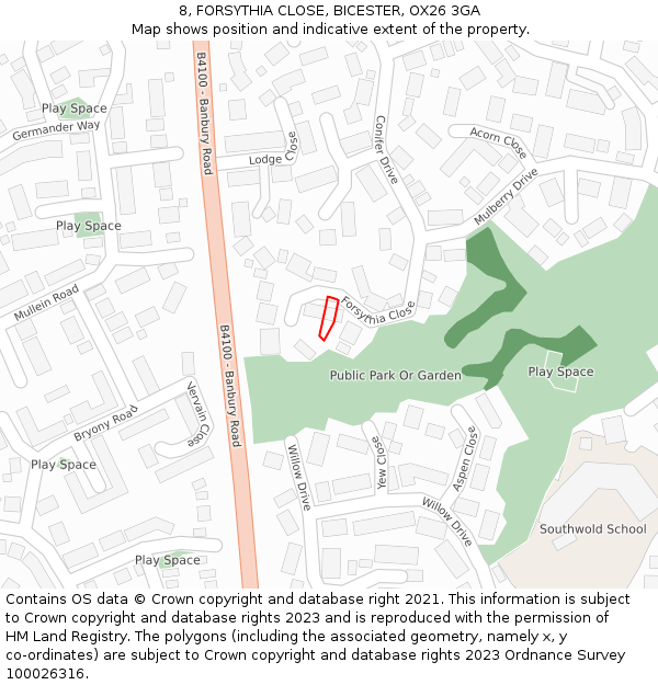 8, FORSYTHIA CLOSE, BICESTER, OX26 3GA: Location map and indicative extent of plot