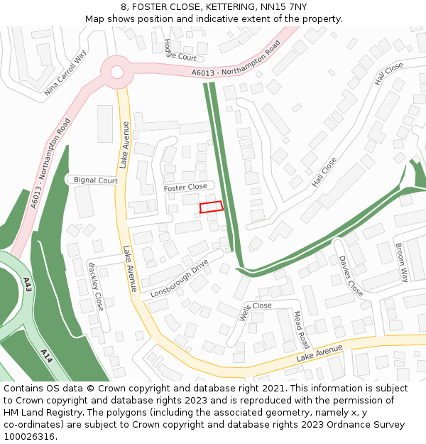 8, FOSTER CLOSE, KETTERING, NN15 7NY: Location map and indicative extent of plot