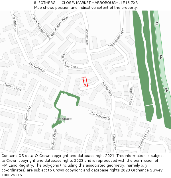 8, FOTHERGILL CLOSE, MARKET HARBOROUGH, LE16 7XR: Location map and indicative extent of plot