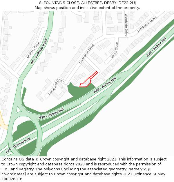 8, FOUNTAINS CLOSE, ALLESTREE, DERBY, DE22 2UJ: Location map and indicative extent of plot