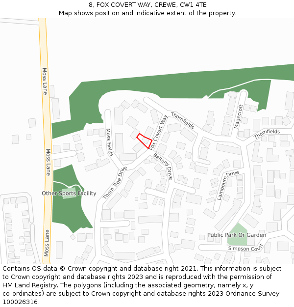 8, FOX COVERT WAY, CREWE, CW1 4TE: Location map and indicative extent of plot