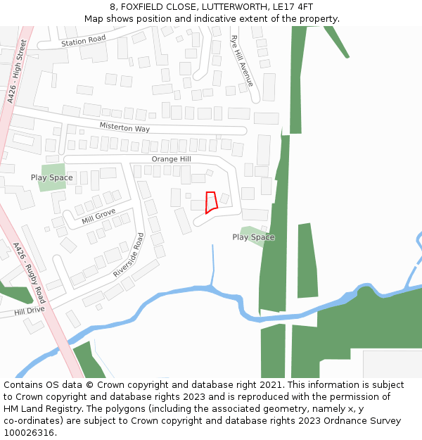 8, FOXFIELD CLOSE, LUTTERWORTH, LE17 4FT: Location map and indicative extent of plot