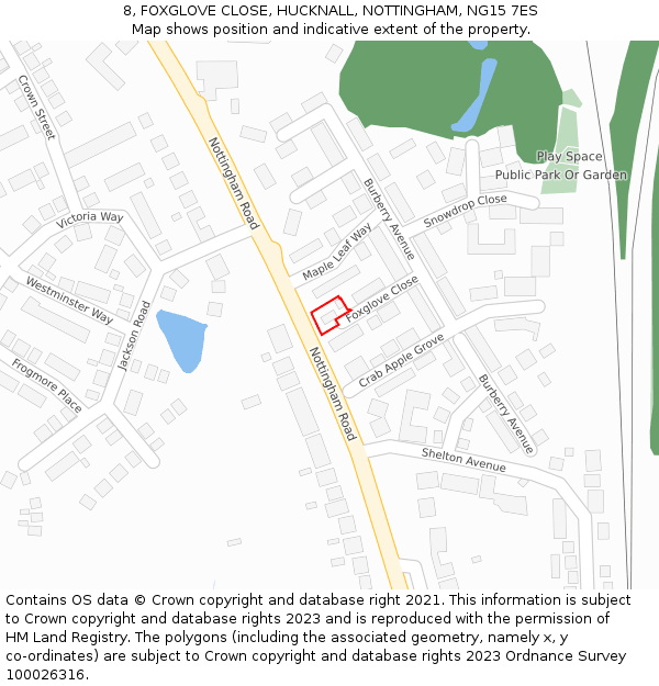 8, FOXGLOVE CLOSE, HUCKNALL, NOTTINGHAM, NG15 7ES: Location map and indicative extent of plot