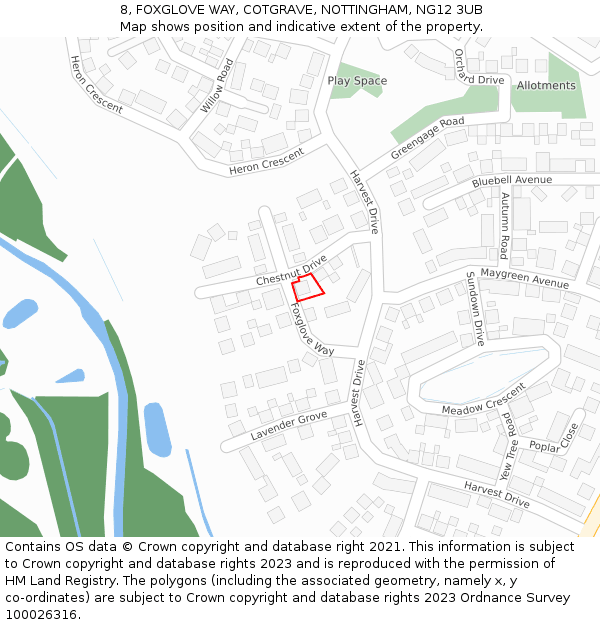 8, FOXGLOVE WAY, COTGRAVE, NOTTINGHAM, NG12 3UB: Location map and indicative extent of plot