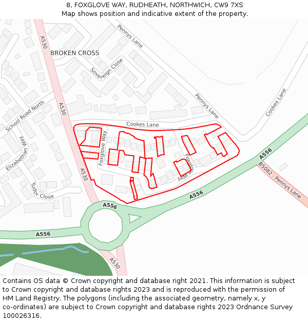8, FOXGLOVE WAY, RUDHEATH, NORTHWICH, CW9 7XS: Location map and indicative extent of plot