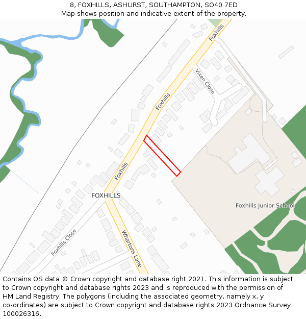 8, FOXHILLS, ASHURST, SOUTHAMPTON, SO40 7ED: Location map and indicative extent of plot