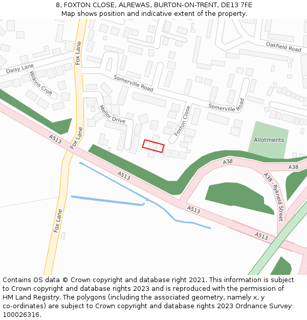 8, FOXTON CLOSE, ALREWAS, BURTON-ON-TRENT, DE13 7FE: Location map and indicative extent of plot