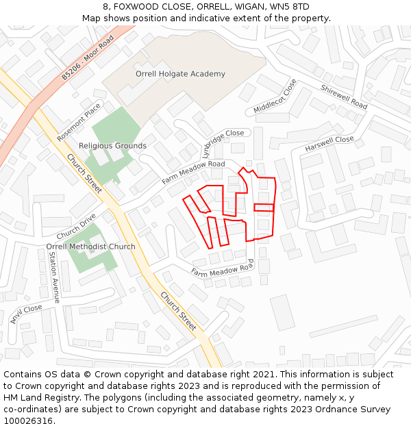 8, FOXWOOD CLOSE, ORRELL, WIGAN, WN5 8TD: Location map and indicative extent of plot