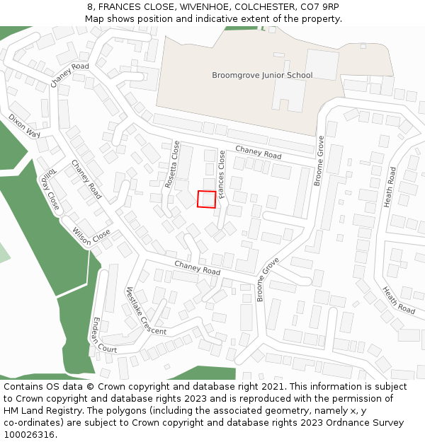 8, FRANCES CLOSE, WIVENHOE, COLCHESTER, CO7 9RP: Location map and indicative extent of plot