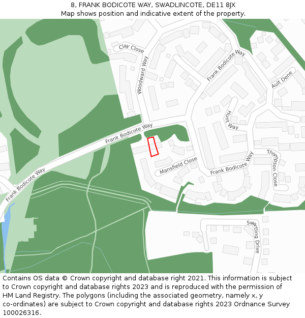 8, FRANK BODICOTE WAY, SWADLINCOTE, DE11 8JX: Location map and indicative extent of plot