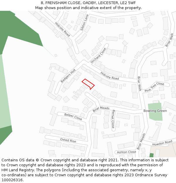 8, FRENSHAM CLOSE, OADBY, LEICESTER, LE2 5WF: Location map and indicative extent of plot