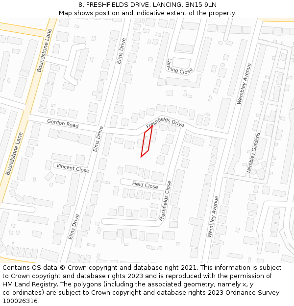 8, FRESHFIELDS DRIVE, LANCING, BN15 9LN: Location map and indicative extent of plot