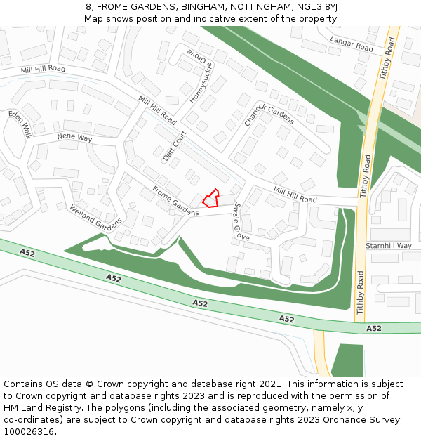 8, FROME GARDENS, BINGHAM, NOTTINGHAM, NG13 8YJ: Location map and indicative extent of plot