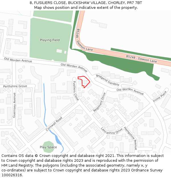 8, FUSILIERS CLOSE, BUCKSHAW VILLAGE, CHORLEY, PR7 7BT: Location map and indicative extent of plot