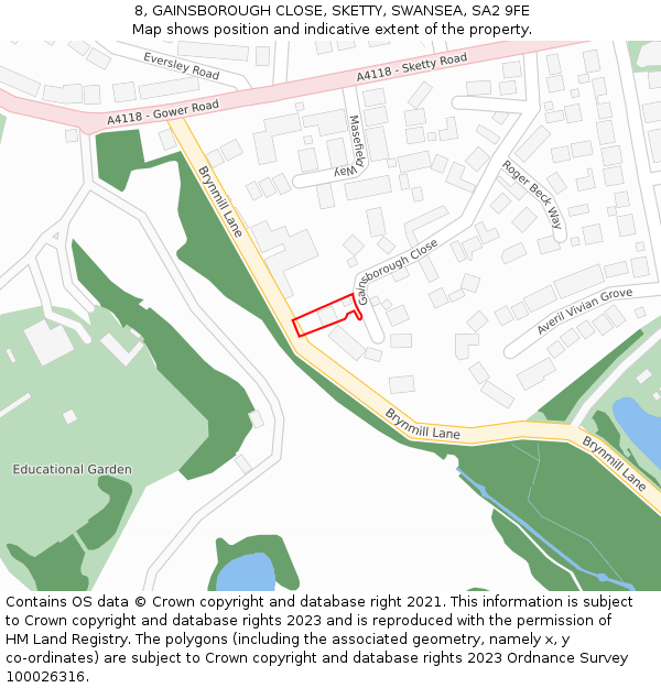 8, GAINSBOROUGH CLOSE, SKETTY, SWANSEA, SA2 9FE: Location map and indicative extent of plot