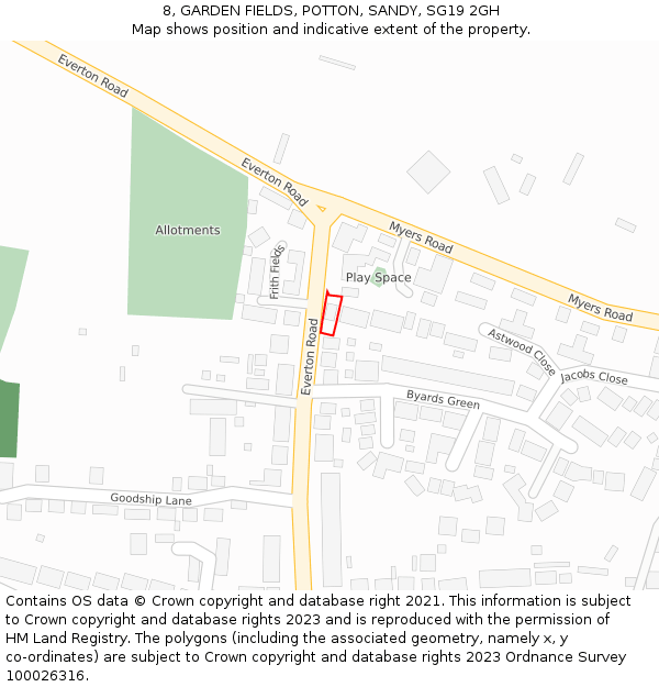 8, GARDEN FIELDS, POTTON, SANDY, SG19 2GH: Location map and indicative extent of plot