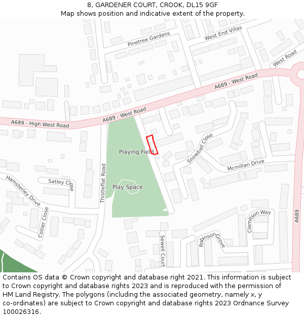 8, GARDENER COURT, CROOK, DL15 9GF: Location map and indicative extent of plot