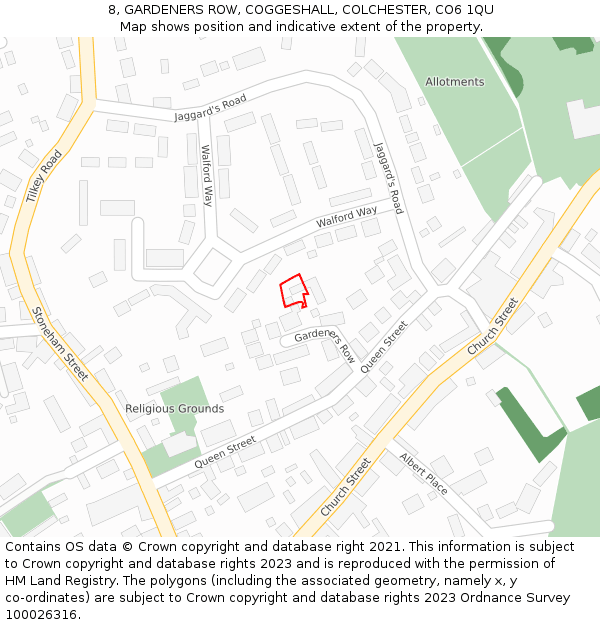 8, GARDENERS ROW, COGGESHALL, COLCHESTER, CO6 1QU: Location map and indicative extent of plot