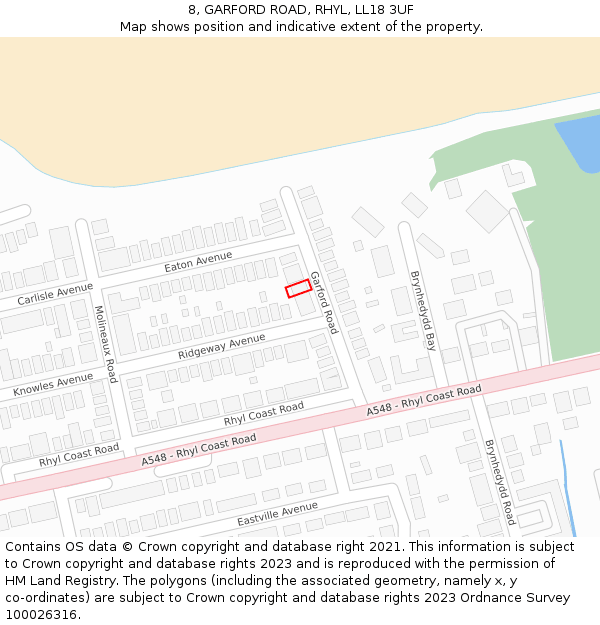 8, GARFORD ROAD, RHYL, LL18 3UF: Location map and indicative extent of plot